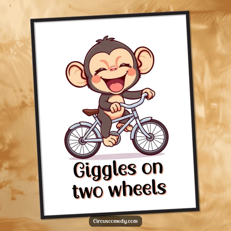 A giggling chimp comically riding a miniature bicycle, full of personality and humor, perfect for lively wall art.
