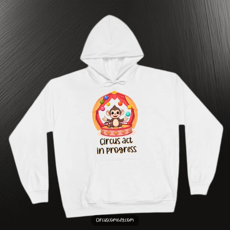 Funny Monkey Circus Hoodie depicting a cute monkey artist juggling multiple colorful balls with intense focus and a smile, a great funny gift.