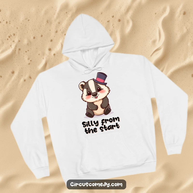 Funny badger hoodie featuring a silly badger wearing a tiny top hat and tumbling, offering warmth and whimsical delight.