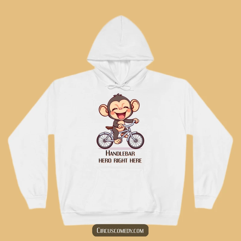 Funny Chimp Bicycle Hoodie: Cozy Giggling Ape on Small Bike, Ideal Funny Gift!