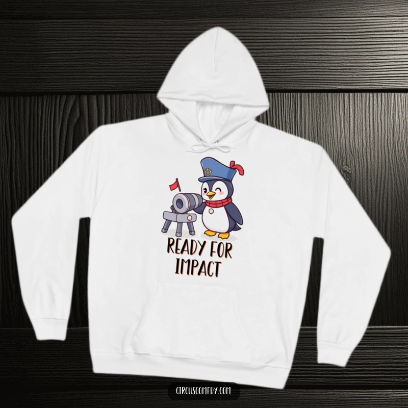 Funny Ringmaster Penguin Hoodie: A brave penguin in a circus outfit winks at a tiny cannon, a humorous and cozy apparel choice.