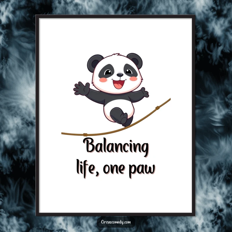 Funny Free Printable Wall Art: A smiling panda boldly walks a tightrope with cheerful determination, showcasing balance.