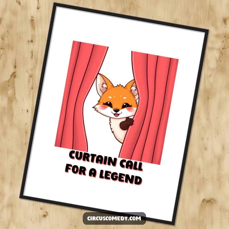 Funny Free Printable Wall Art: A fox peeks from behind a velvet curtain, sporting a mischievous, excited grin.