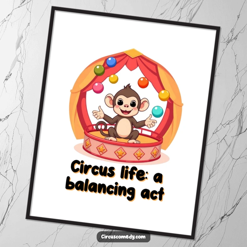Funny Free Printable Wall Art: A cute monkey juggles colorful balls with spectacular skill in a vibrant circus ring, bringing joy.