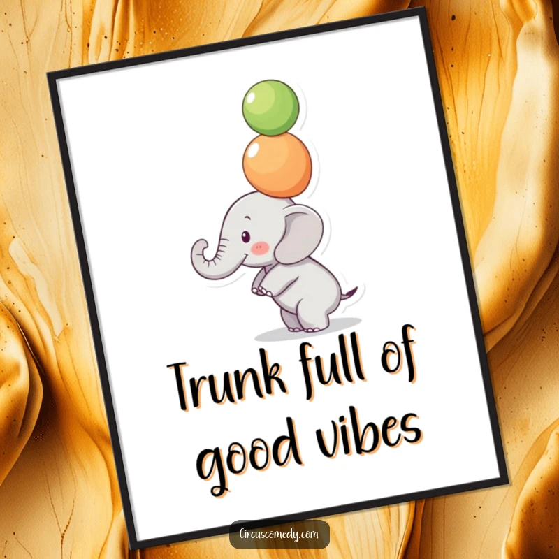 Funny Free Printable Wall Art: A small elephant performs a feat of focus, balancing colorful balls on its trunk.