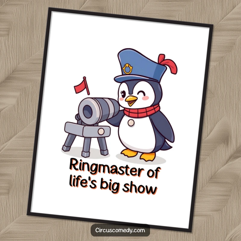 Funny Free Printable Wall Art: Penguin ringmaster stands bravely before a tiny cannon, ready for the act.