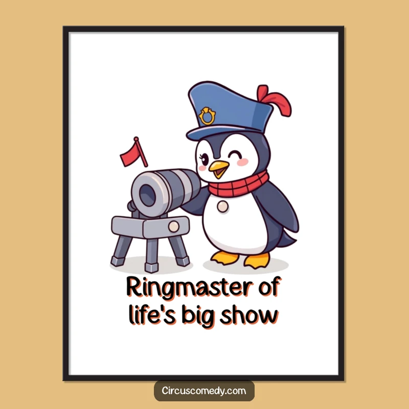 Free Printable Wall Art: Funny Penguin Ringmaster Circus Scene, Humorous Downloadable Decor