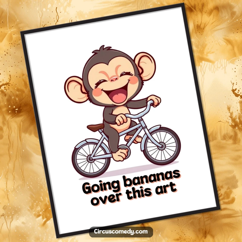 Funny Free Printable Wall Art: A chimp with a huge grin riding a miniature bicycle, perfect for adding a touch of humor to any room.