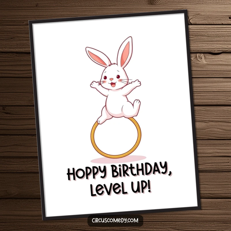 Funny Free Printable Wall Art: Energetic rabbit in mid-jump over a hoop, creating a vibrant and downloadable piece of art.