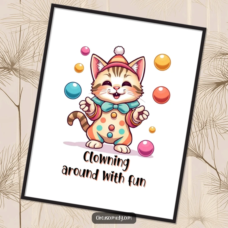 Funny Free Printable Wall Art: Cat in a colorful clown costume juggles several bright balls with delight.