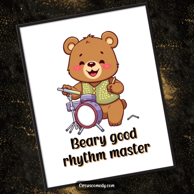Funny Free Printable Wall Art: Bear in sequin vest plays miniature drum set with a huge, happy grin.