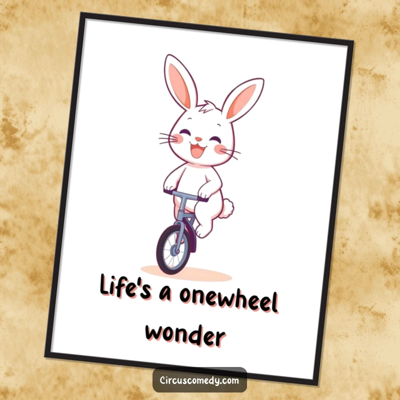 Funny Free Printable Wall Art: Cute rabbit with a cheerful grin riding a unicycle with flair.