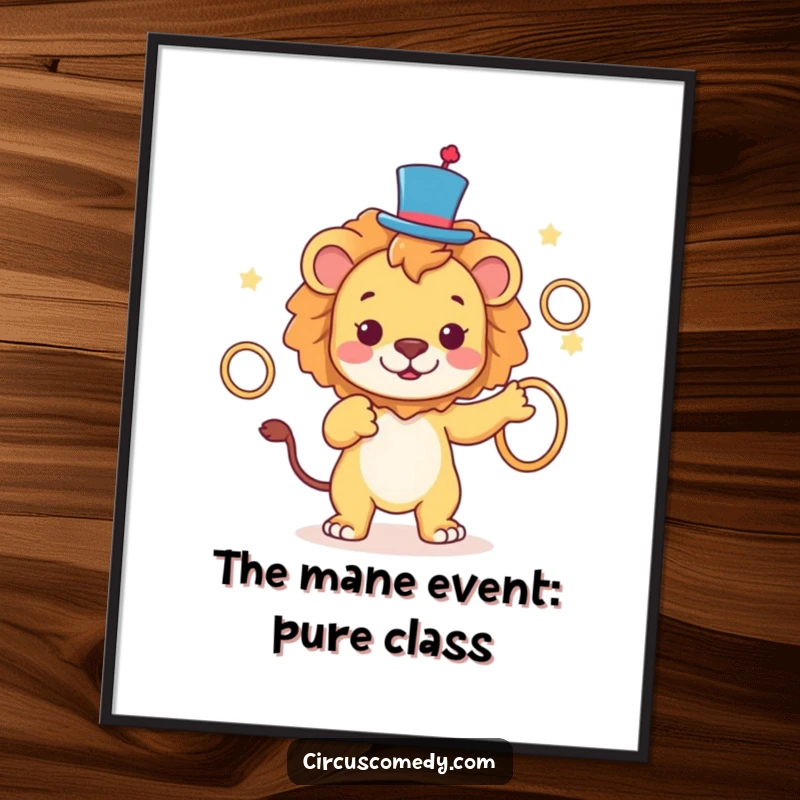 Funny Free Printable Wall Art: A playful lion in a tiny top hat skillfully juggles rings, creating a whimsical and eye-catching piece.