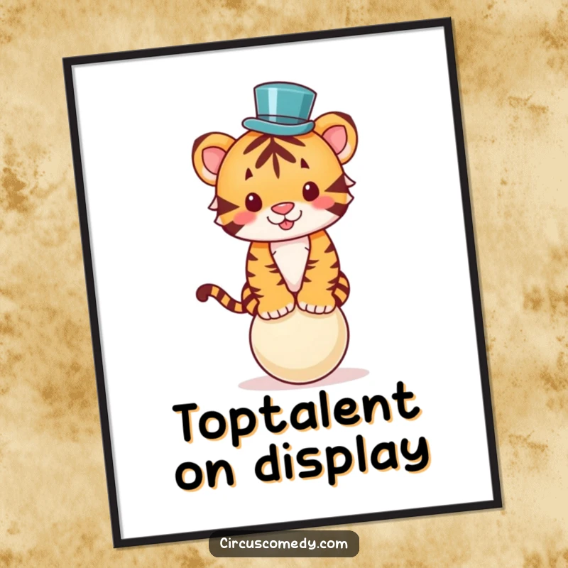 Funny Free Printable Wall Art: A sophisticated tiger in a tiny top hat, gracefully balancing on a ball, adding charm.