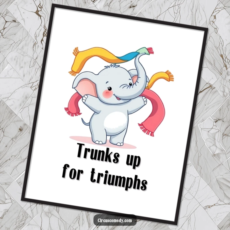 Funny Free Printable Wall Art: A cheerful elephant skillfully juggling a cascade of colorful scarves with its trunk, bringing smiles.