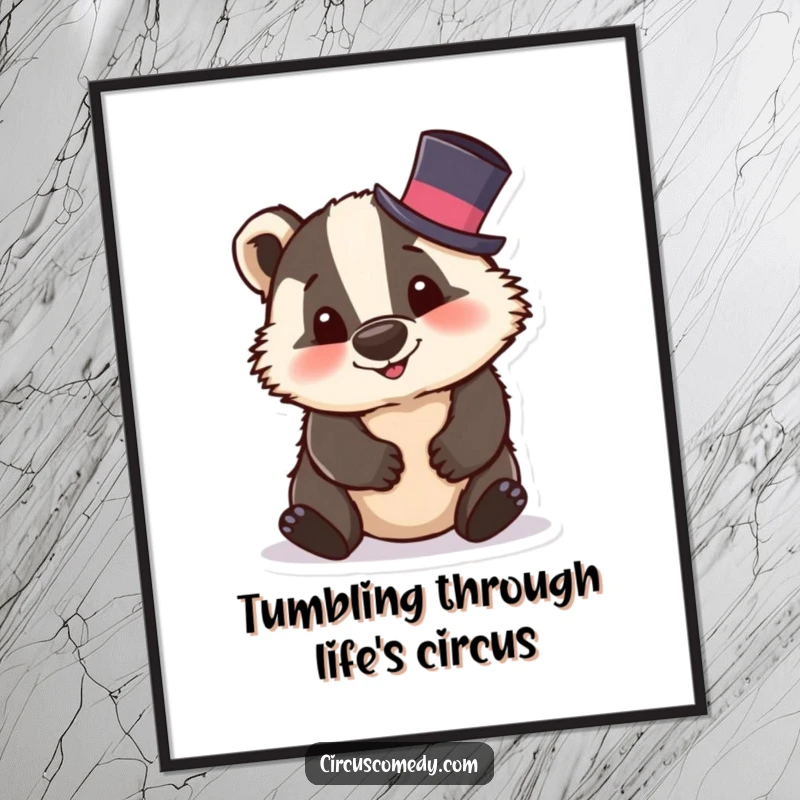 Funny Free Printable Wall Art: A silly badger wearing a tiny top hat is captured mid-tumble, full of playful energy.