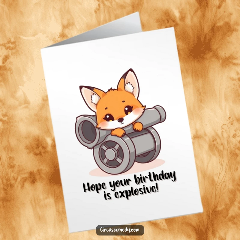 Funny Free Printable Birthday Card: A curious fox peeks head from a cannon, ready to 'blast' birthday wishes with a grin.