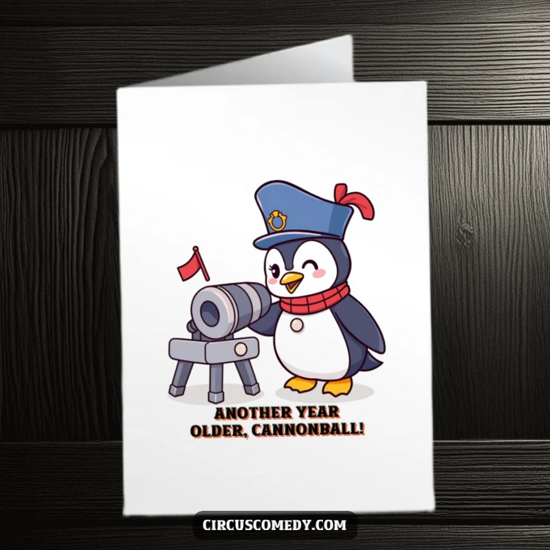 Funny Free Printable Birthday Card: Penguin ringmaster winks bravely at a small cannon, ready for the show.
