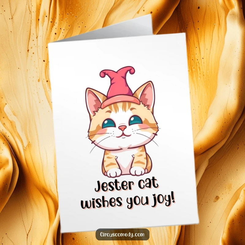Funny Free Printable Birthday Card: Contented cat wearing a tiny jester hat, looking delighted and ready to celebrate.