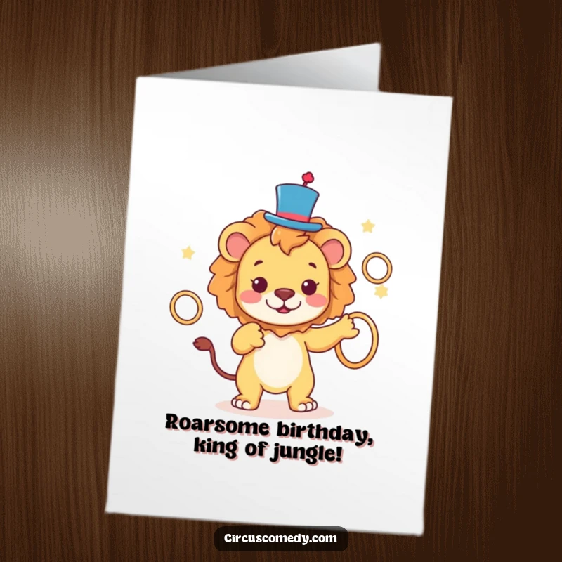 Funny Free Printable Lion Birthday Card: A playful lion in a tiny top hat expertly juggles rings, celebrating a birthday with style.