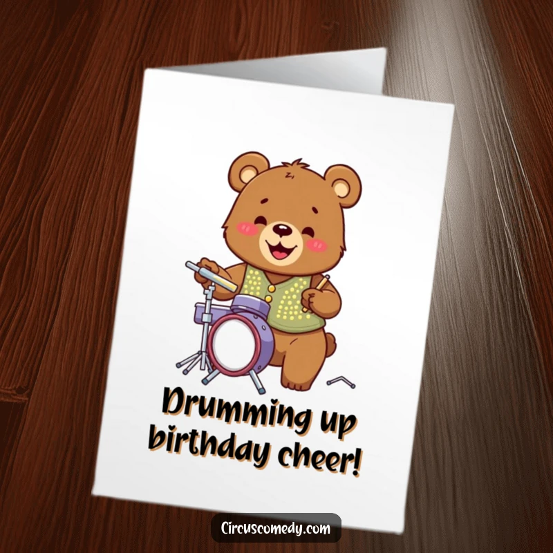 Funny Free Printable Birthday Card: Sequin-vested bear drummer grins widely, playing tiny drums with energetic flair.