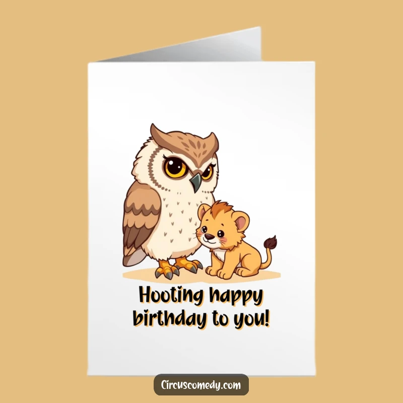 Free Printable Owl & Lion Cub Birthday Card - Hilarious Taming Attempt!
