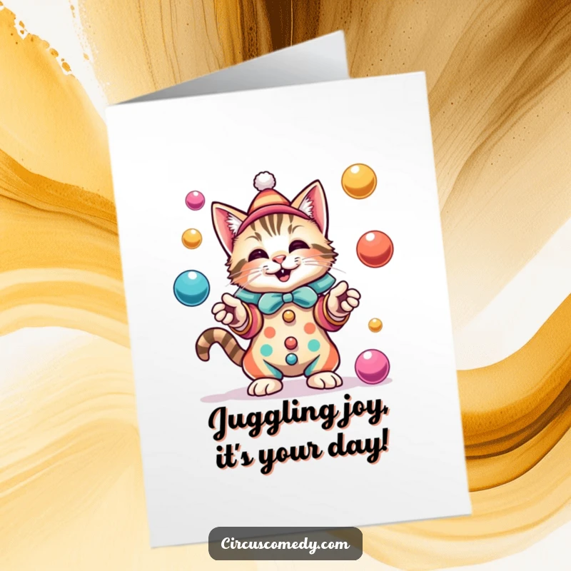 Funny Free Printable Birthday Card: Cat in clown costume gleefully juggles colorful balls.