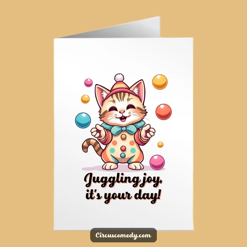 Funny Free Printable Birthday Card: Juggling Cat Clown Downloadable Gift for a Fun Celebration