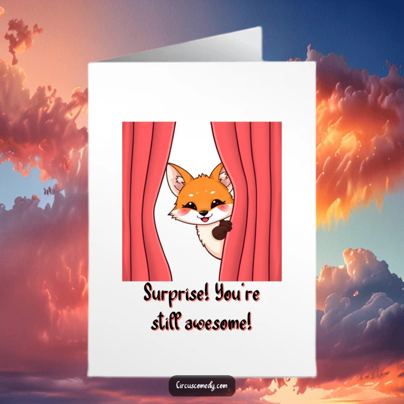 Funny Free Printable Birthday Card: A fox peeks from behind a velvet curtain with a sly, excited grin.