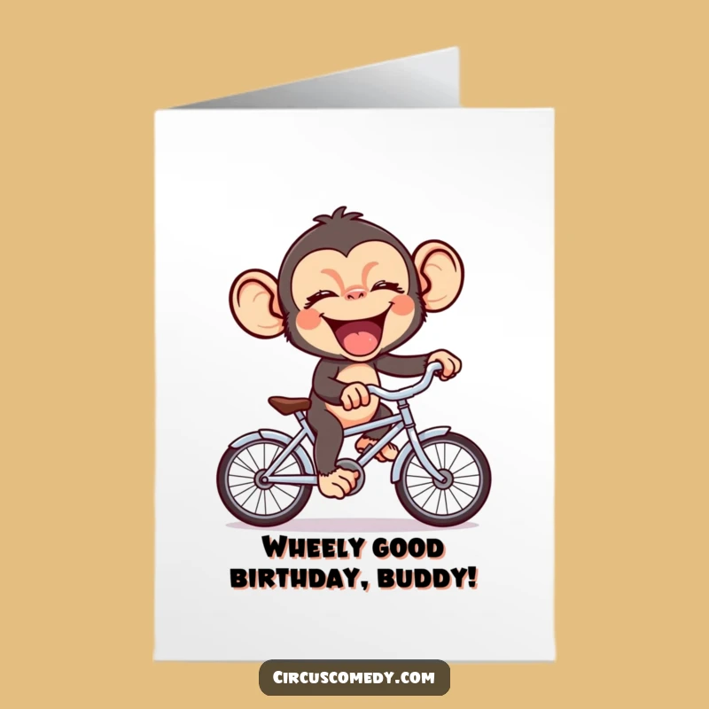 Free Printable Birthday Card: Giggling Chimp on Bike - Hilarious Downloadable Gift!