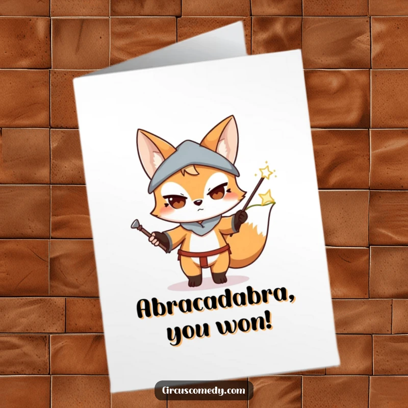 Funny Free Printable Congratulations Card: Determined fox conjuring magic with a wand to celebrate success.