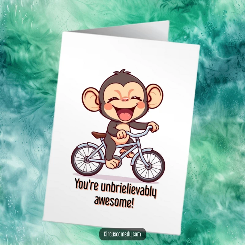 Funny Free Printable Congratulations Card: A giggling chimp pedals a mini bike, celebrating success with a hilarious and joyful printable.