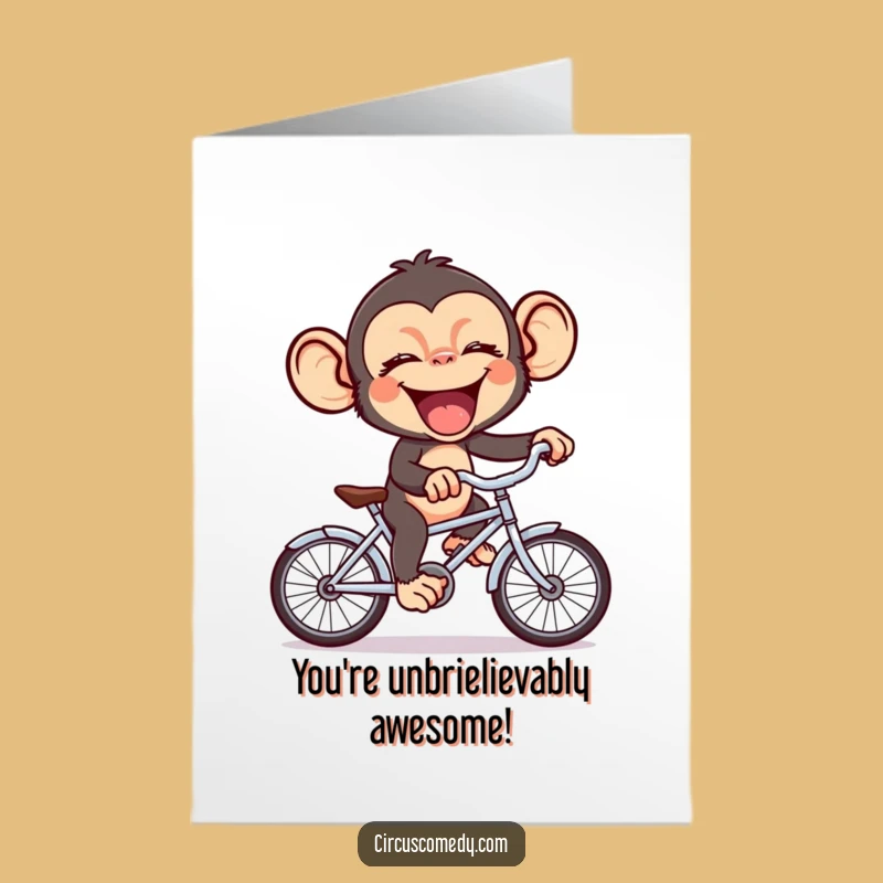 Free Printable Congrats Card: Chimp Bike Rider - Funny Downloadable Success Gift!