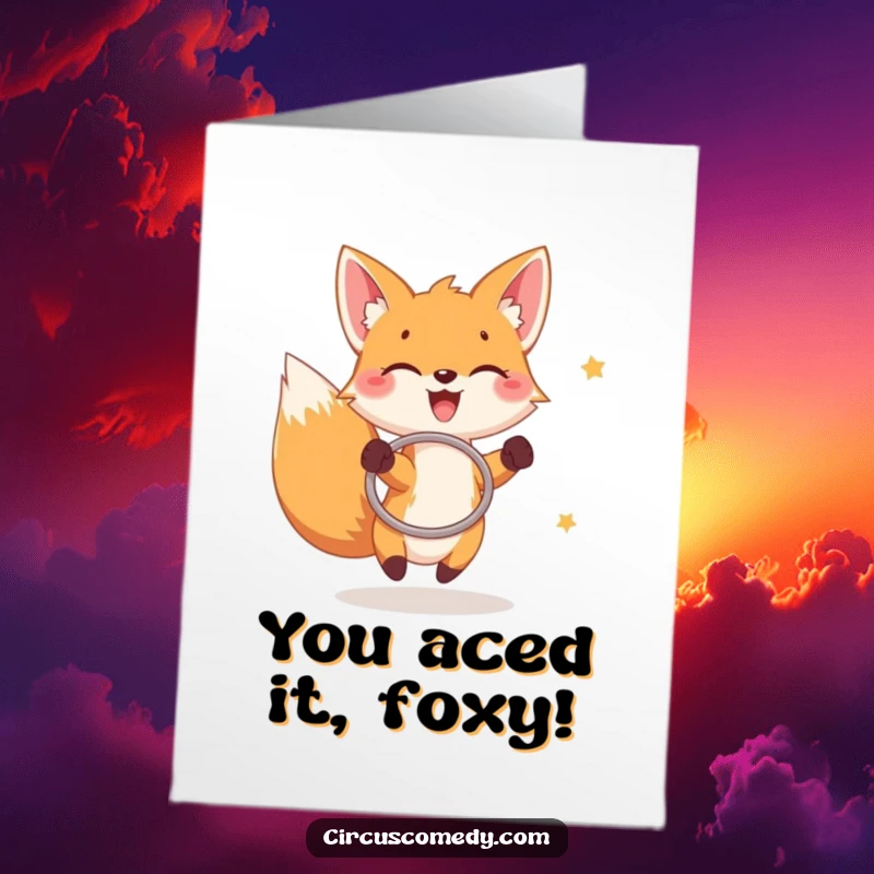 Funny Free Printable Congratulations Card: Joyful fox masterfully catching rings with a hoop, symbolizing grand success.