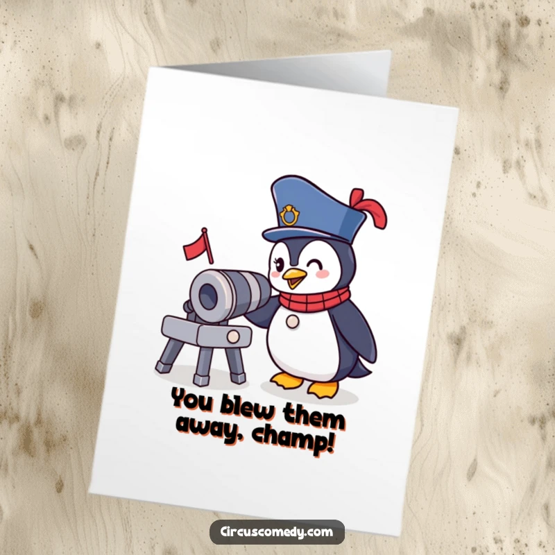 Funny Free Printable Congratulations Card: Penguin ringmaster beams proudly, having conquered the circus challenge.