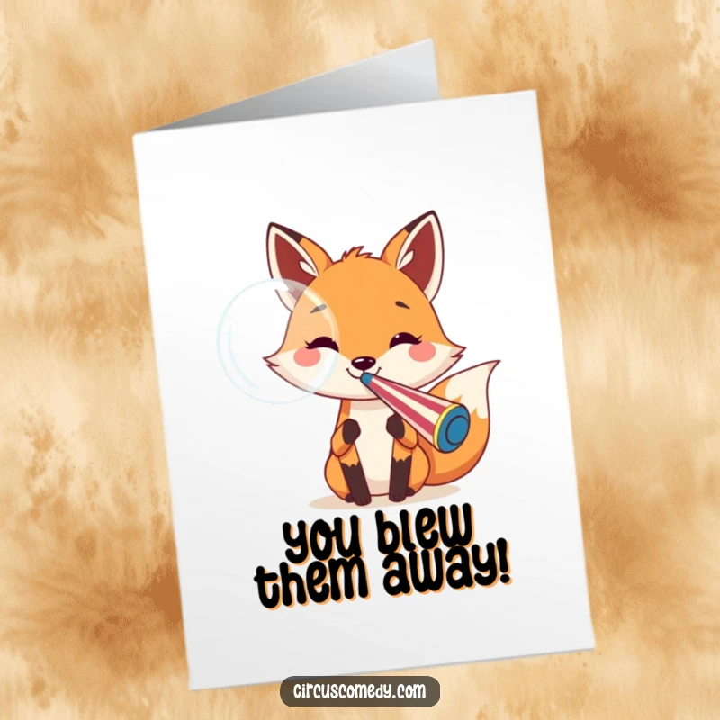 Funny Free Printable Congratulations Card: Fox happily blows a giant bubble from a circus whistle, announcing good news.