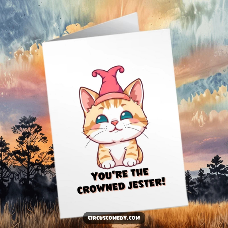 Funny Free Printable Congratulations Card: Contented cat in a jester hat, celebrating a victory with a mischievous grin.