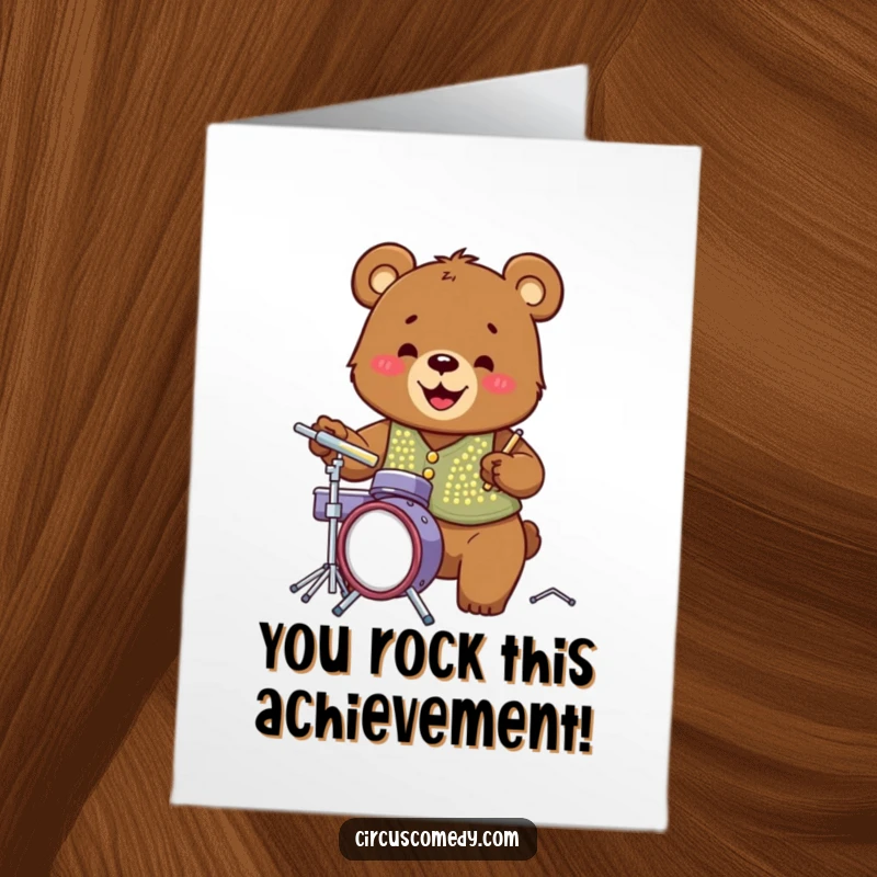 Funny Free Printable Congratulations Card: Grinning bear in sequin vest enthusiastically plays miniature drums.
