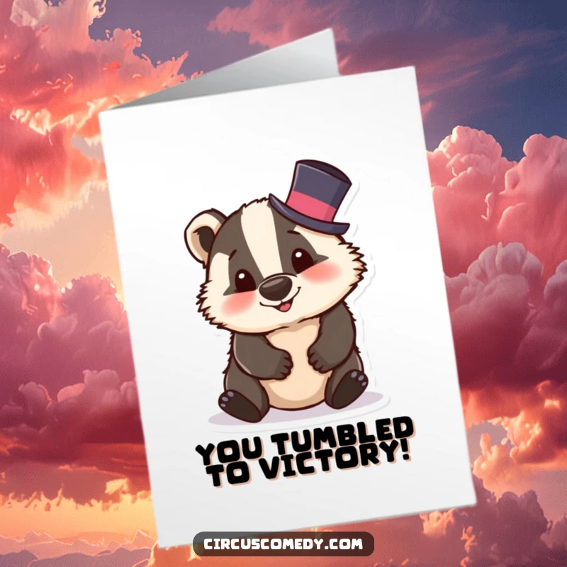 Funny Free Printable Congratulations Card: Silly badger wearing a top hat tumbles with enthusiasm, celebrating a victory.