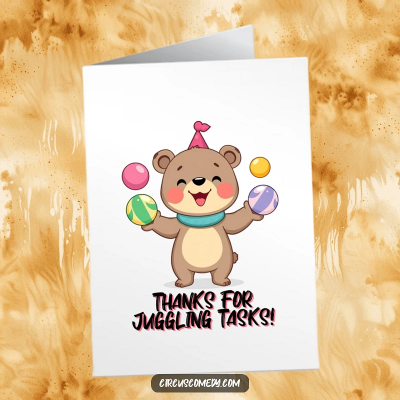 Funny Free Printable Thank You Card: Cute bear juggling, expressing thanks with a cheerful and grateful expression.