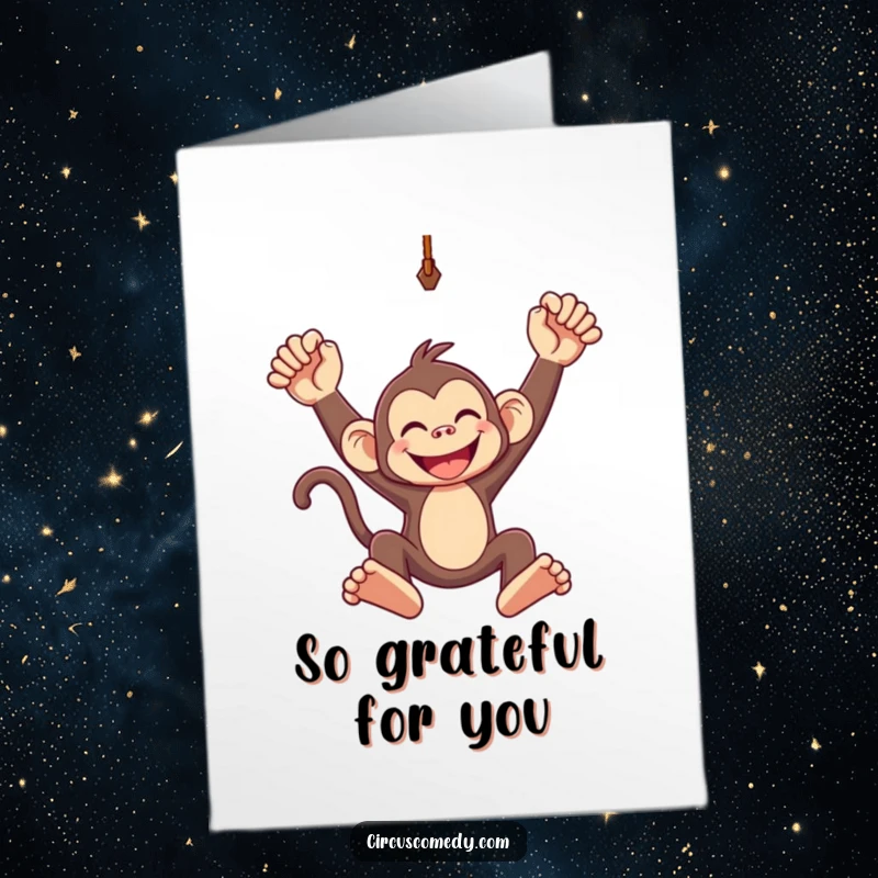 Funny Free Printable Thank You Card: A gleeful monkey swinging acrobatically on a trapeze, conveying heartfelt thanks.