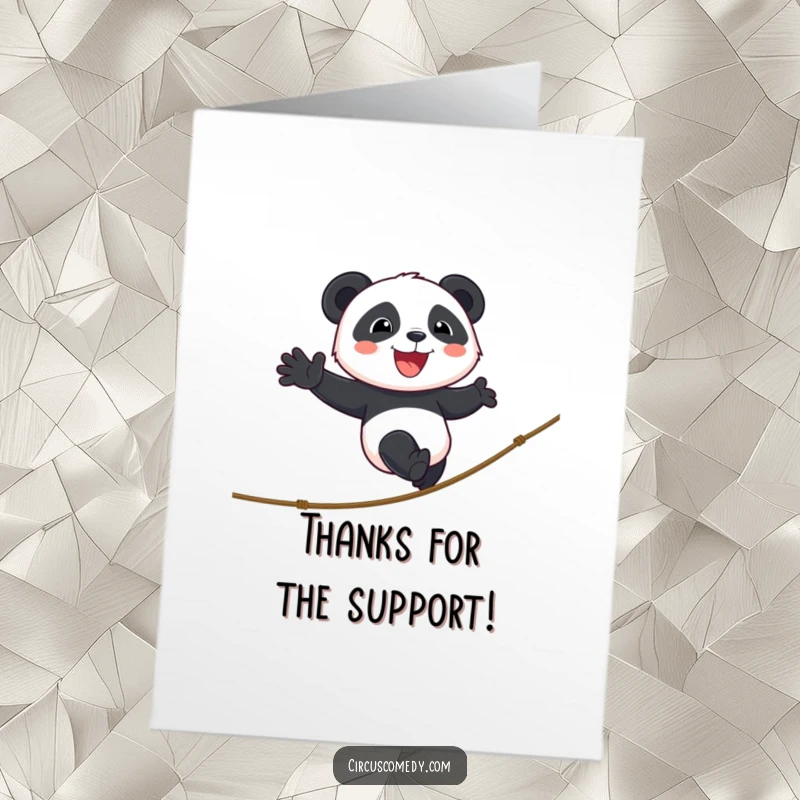 Funny Free Printable Thank You Card: A panda walks a tightrope with cheerful determination, conveying heartfelt thanks.