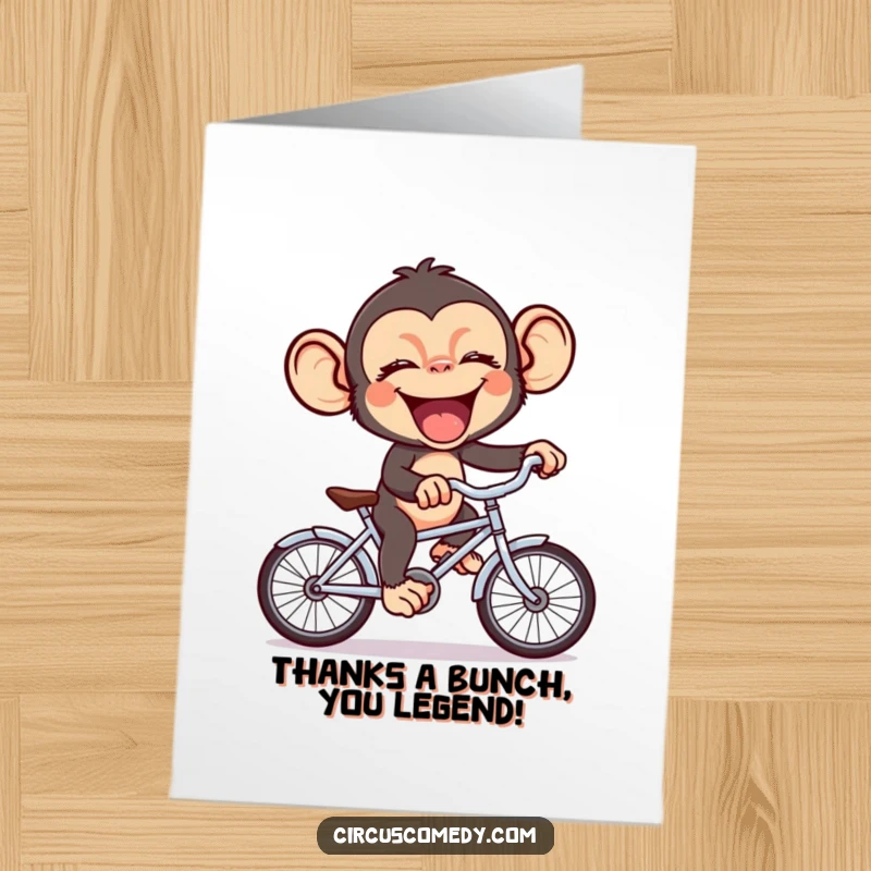 Funny Free Printable Thank You Card: A happy chimp rides a small bike, expressing thanks with a whimsical and cheerful design.