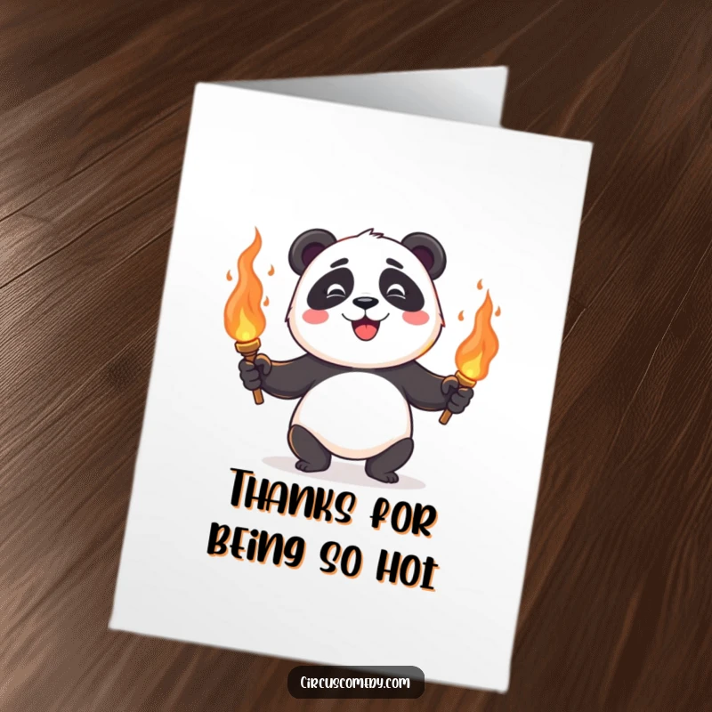 Funny Free Printable Thank You Card: A happy panda juggles flaming torches, sending a warm and enthusiastic thank you.