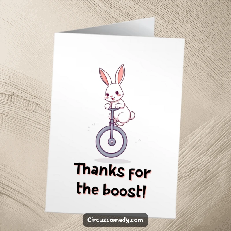Funny Free Printable Thank You Card: A determined rabbit balances on a unicycle, ears perked, offering a unique thank you.