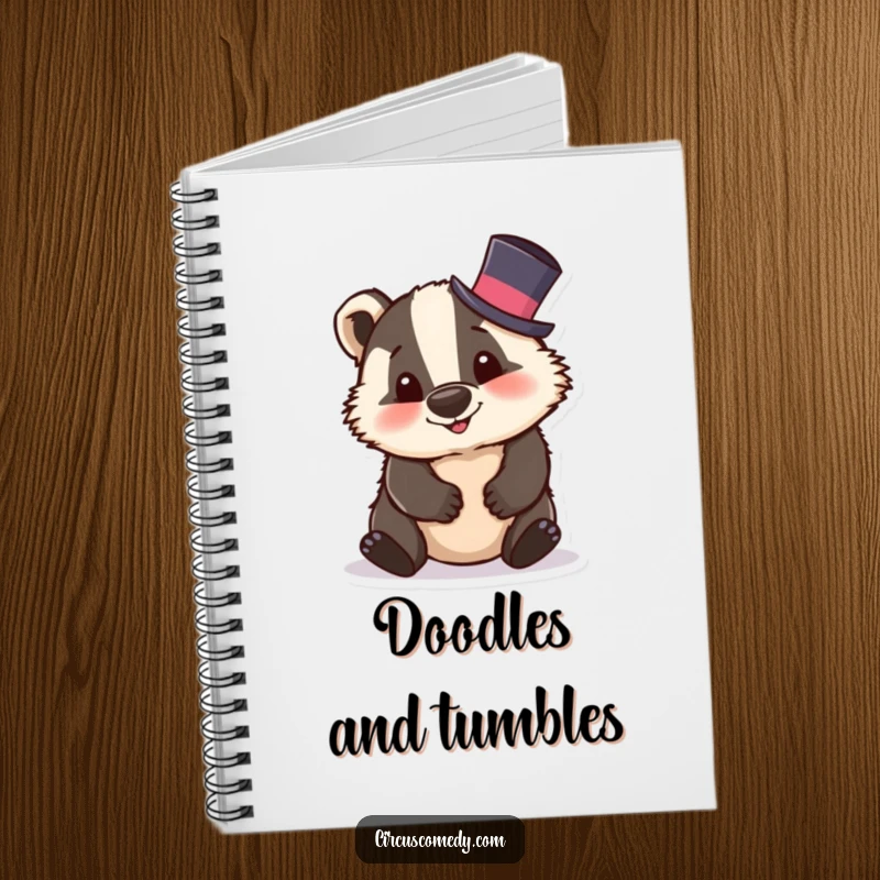 Funny badger notebook with a cover featuring a silly badger in a tiny top hat, tumbling, inspiring creative and fun writing.