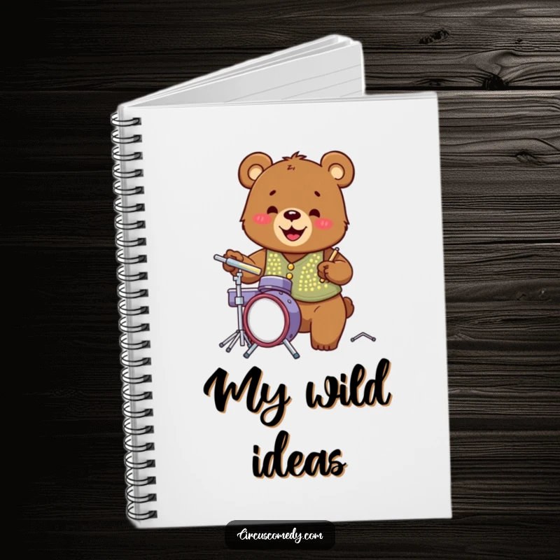 Funny bear wearing a sequined vest, joyfully playing a miniature drum set, ideal for note-taking and journaling.