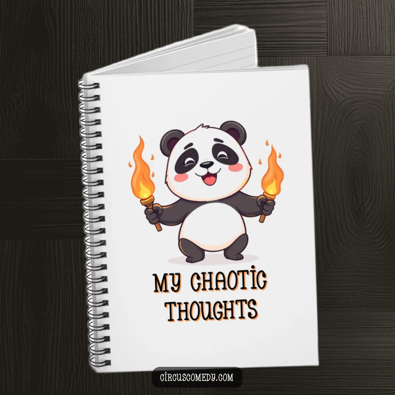 A happy panda juggling flaming torches, inspiring exciting ideas in this humorous and fiery notebook.