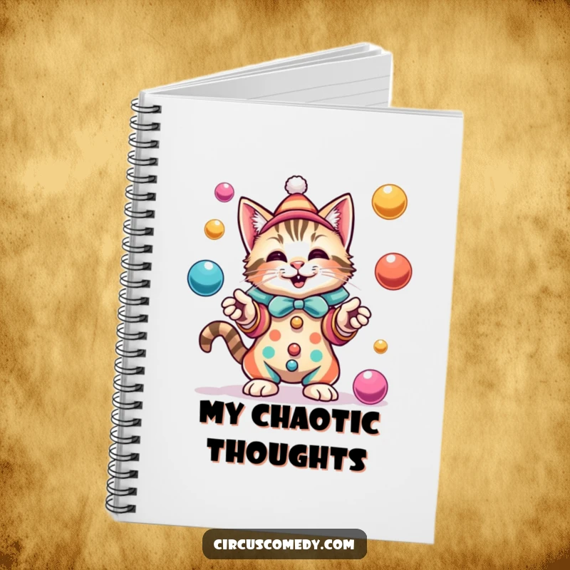 Funny cat dressed as a clown, playfully juggling colorful balls with an expression of pure delight, ready for note-taking.