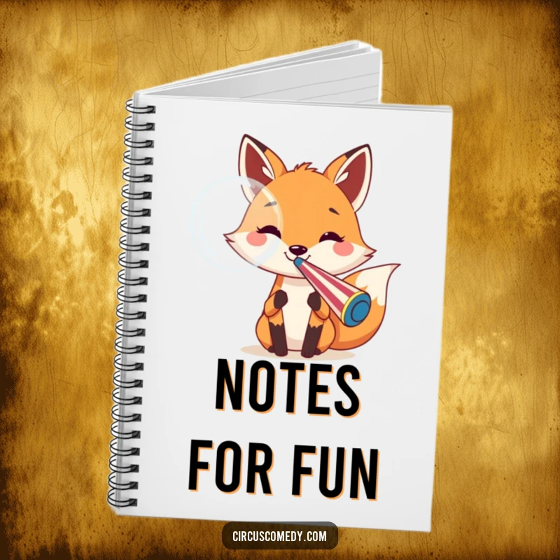 Funny fox notebook with a cover featuring a cheerful fox blowing a large bubble from a circus whistle, inspiring creative and fun writing.